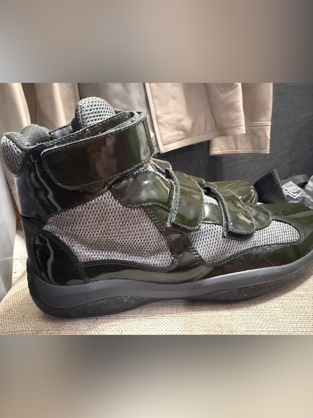Prada Kids Black and Gray High-Top Velcro Sneakers